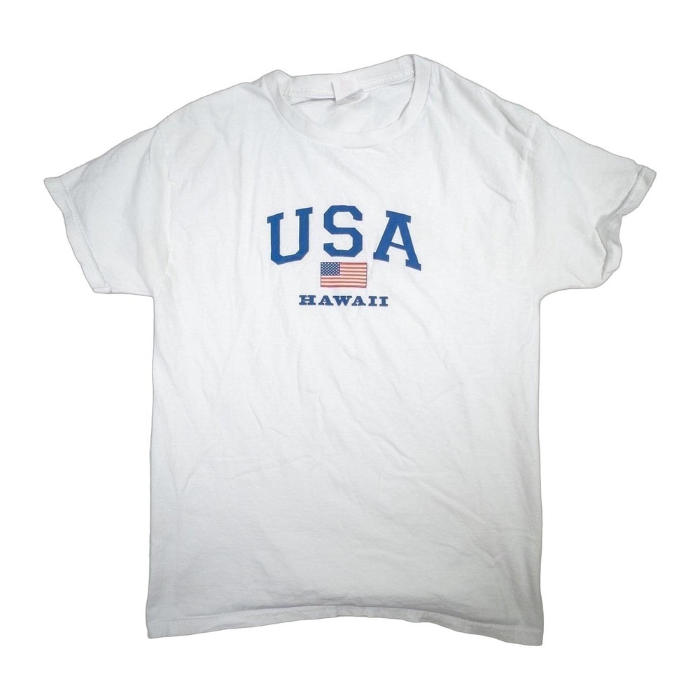 USA Hawaii Flag Graphic T-Shirt Short Sleeve Cotton Casual Top M White American